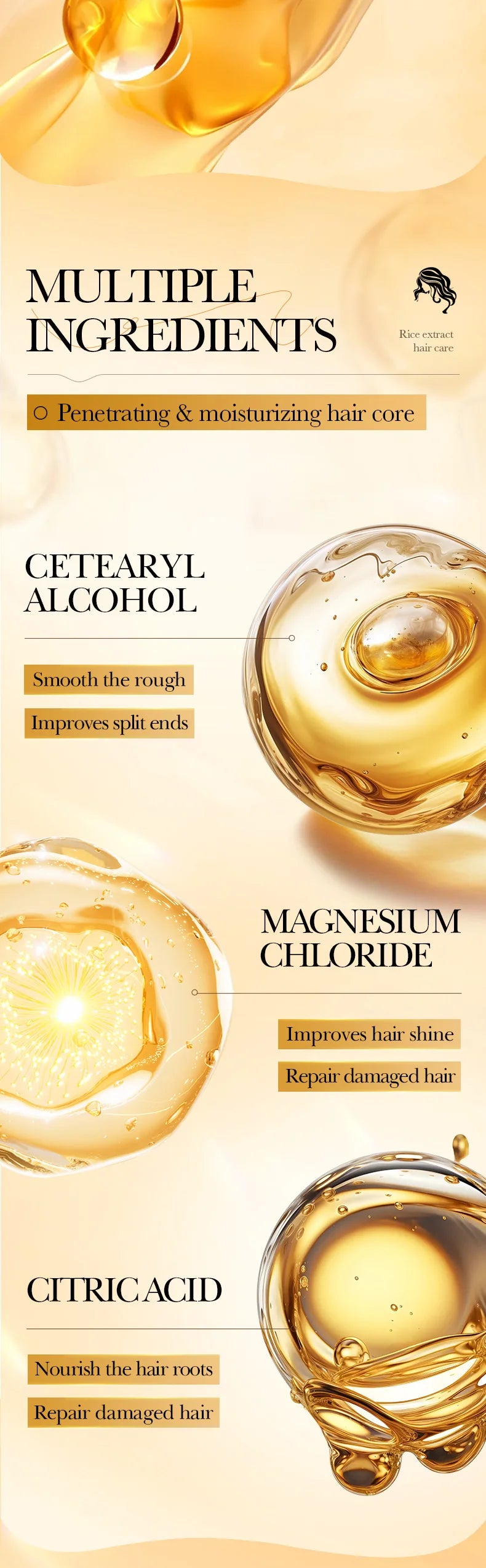 Magical Keratin Rice Hair Mask, golden oil-infused hair treatment for instant repair.