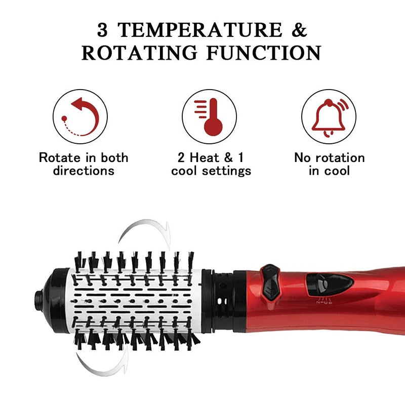 Rotating hot hairbrush with brush barrel and control icons for heat and rotation
