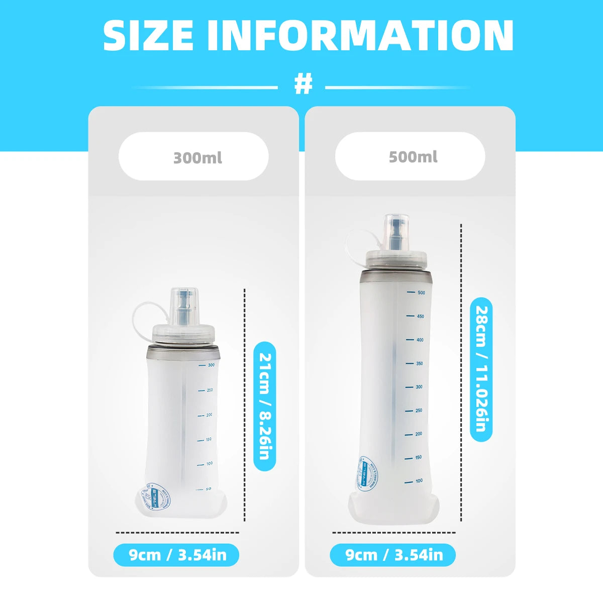 Two collapsible soft flasks with screw caps and frosted translucent bodies, 300ml and 500ml