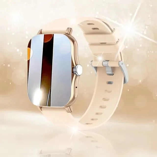 Cedar & Moore smartwatch with 1.4-inch OLED display, gold-tone case and beige strap