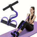 Purple 6-tube resistance band system with handles and non-slip foot pedals