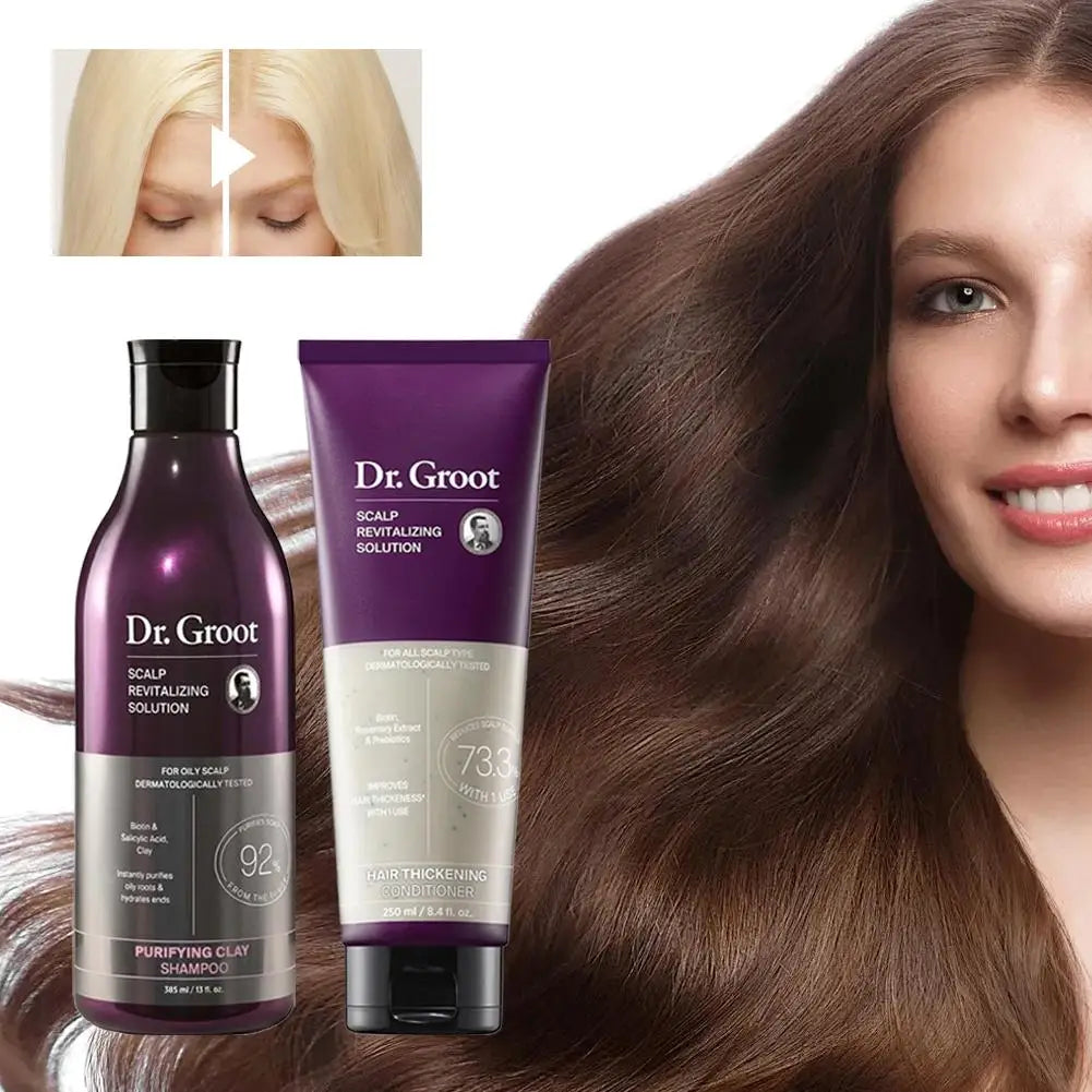 Dr. Groot two-piece hair loss treatment set: purifying clay shampoo and thickening conditioner in purple bottles