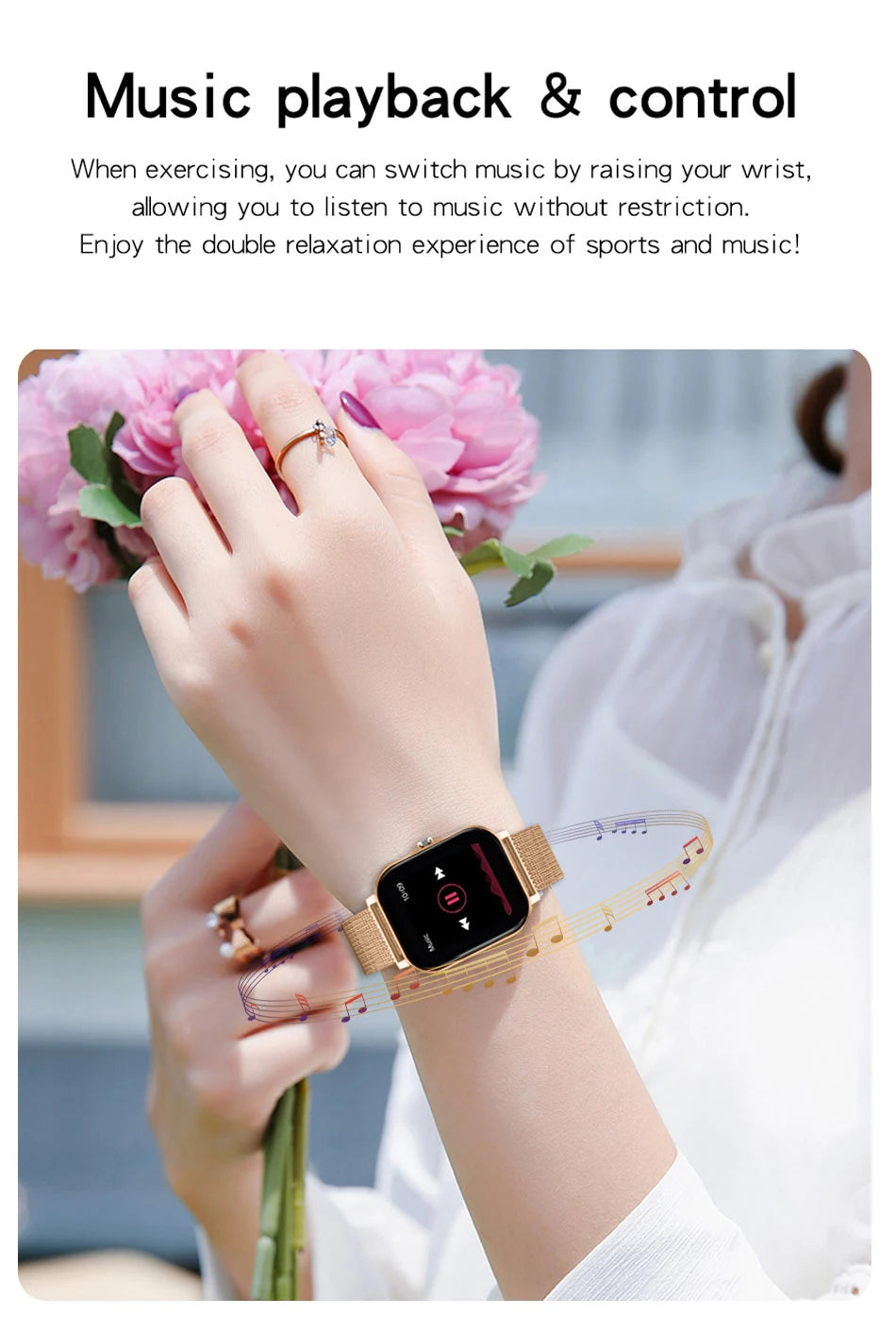 Pink SIMSONLAB mini smart watch with gold case and square touchscreen, silicone strap