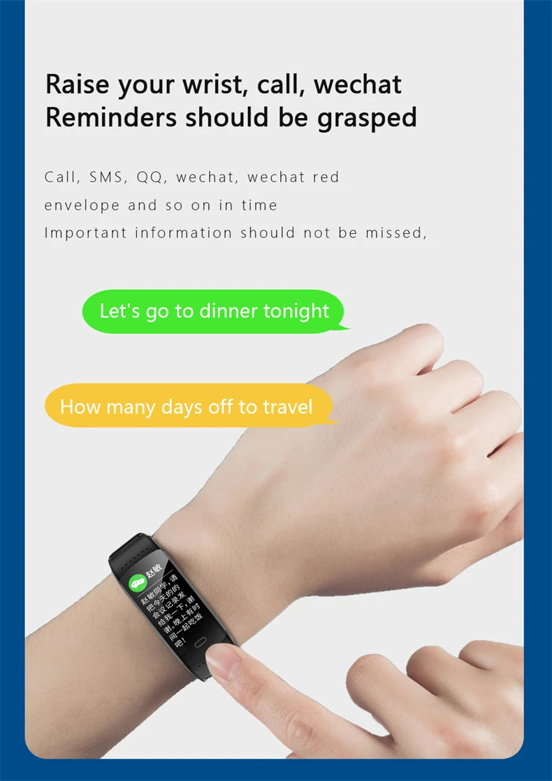 Sport smart watch on wrist with black band and dark display, reminder bubble on screen