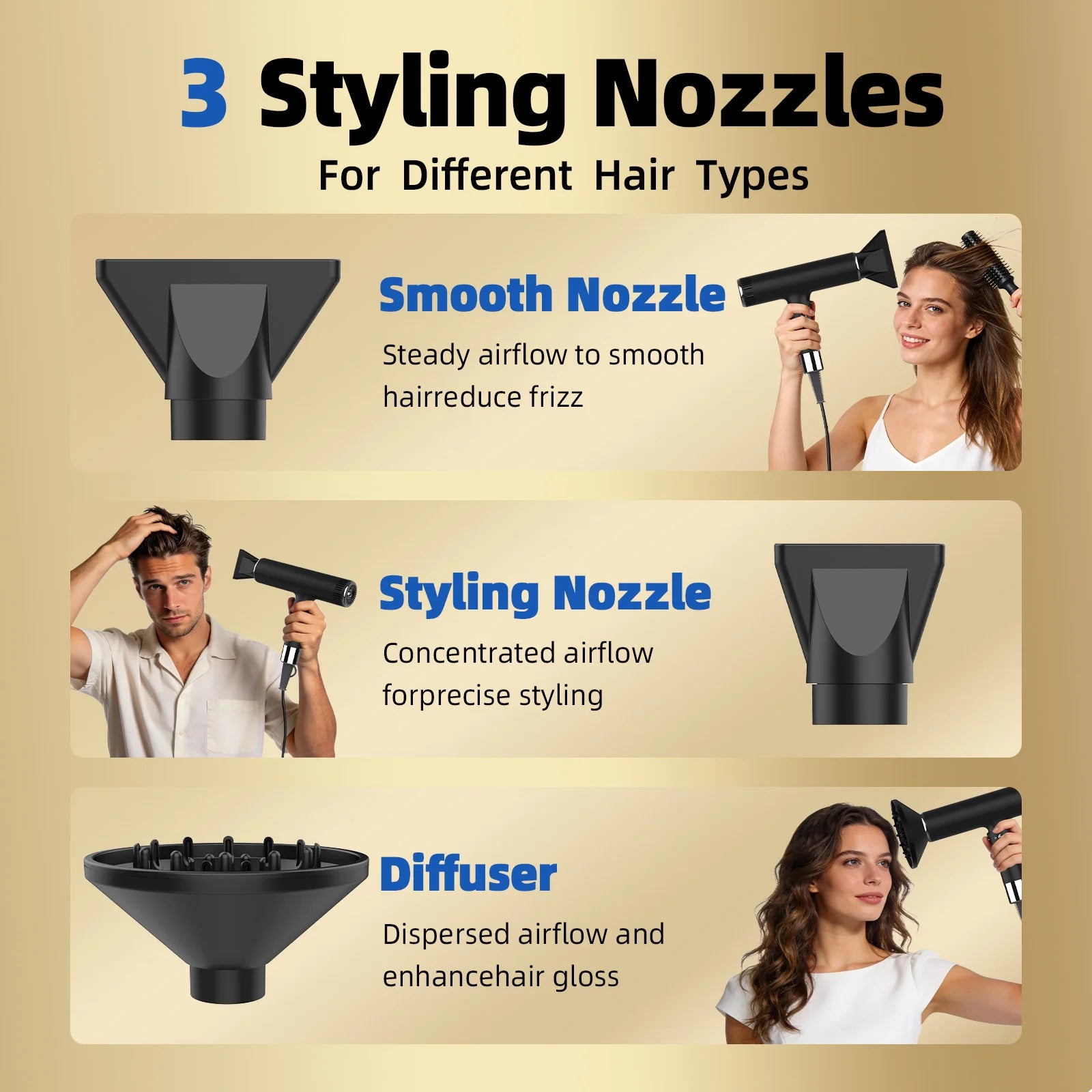Hair dryer with three styling nozzle attachments and diffuser