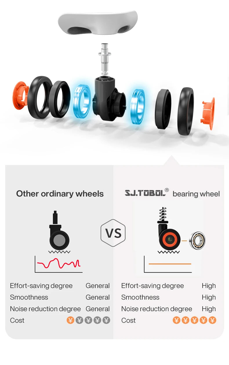 Carry-on trolley suitcase wheel system diagram with bearing rollers and orange accents
