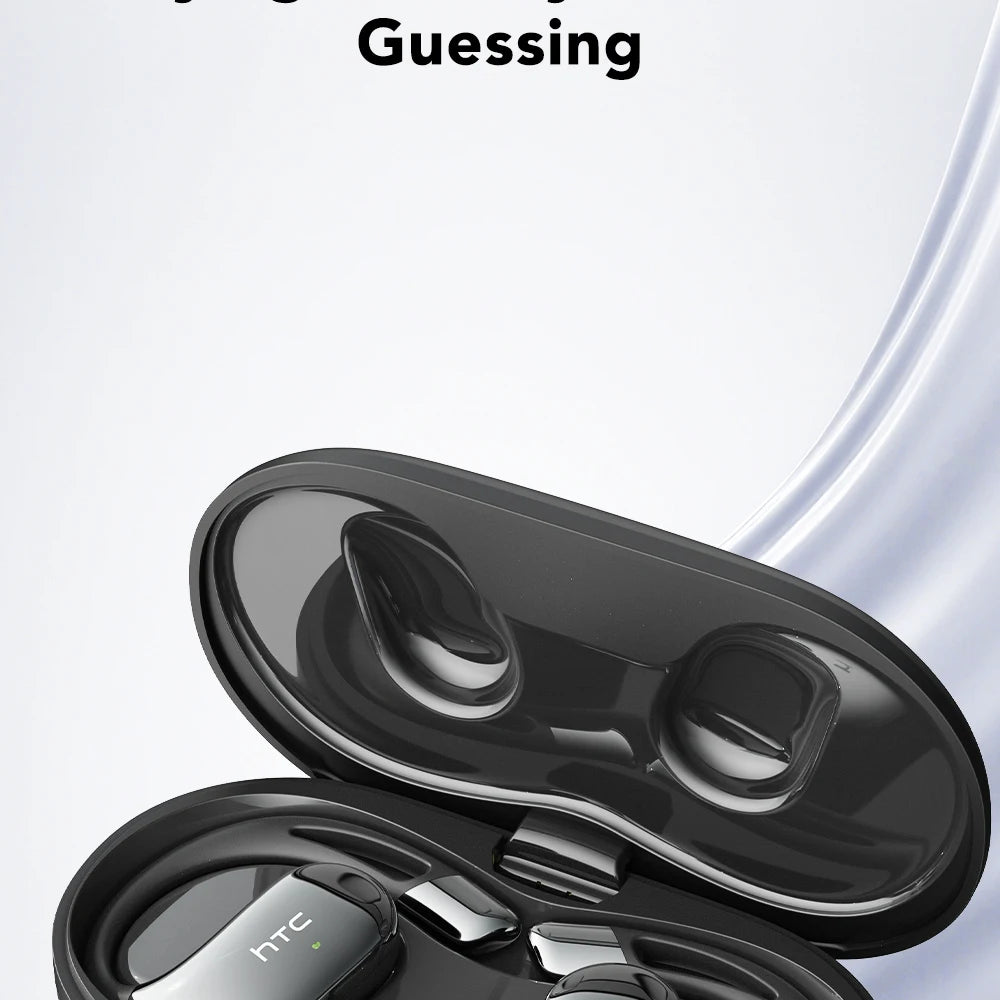 Black wireless earbuds charging case open, earbud tips and stems visible