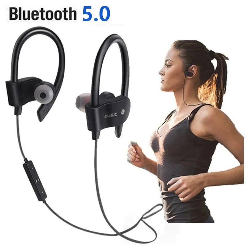 Black neckband sports earbuds with ear hooks and inline controls
