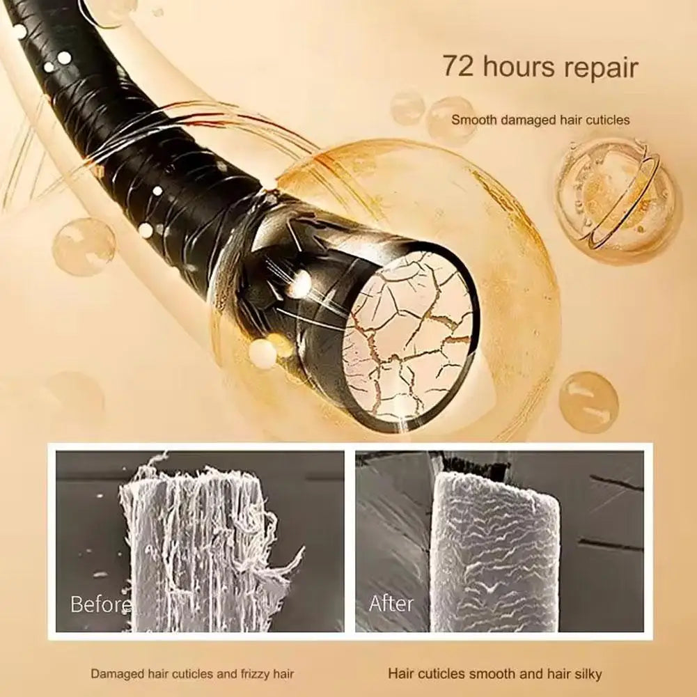 Hair serum oil illustration with smooth strands; bottle with amber-gold oil drop shapes.