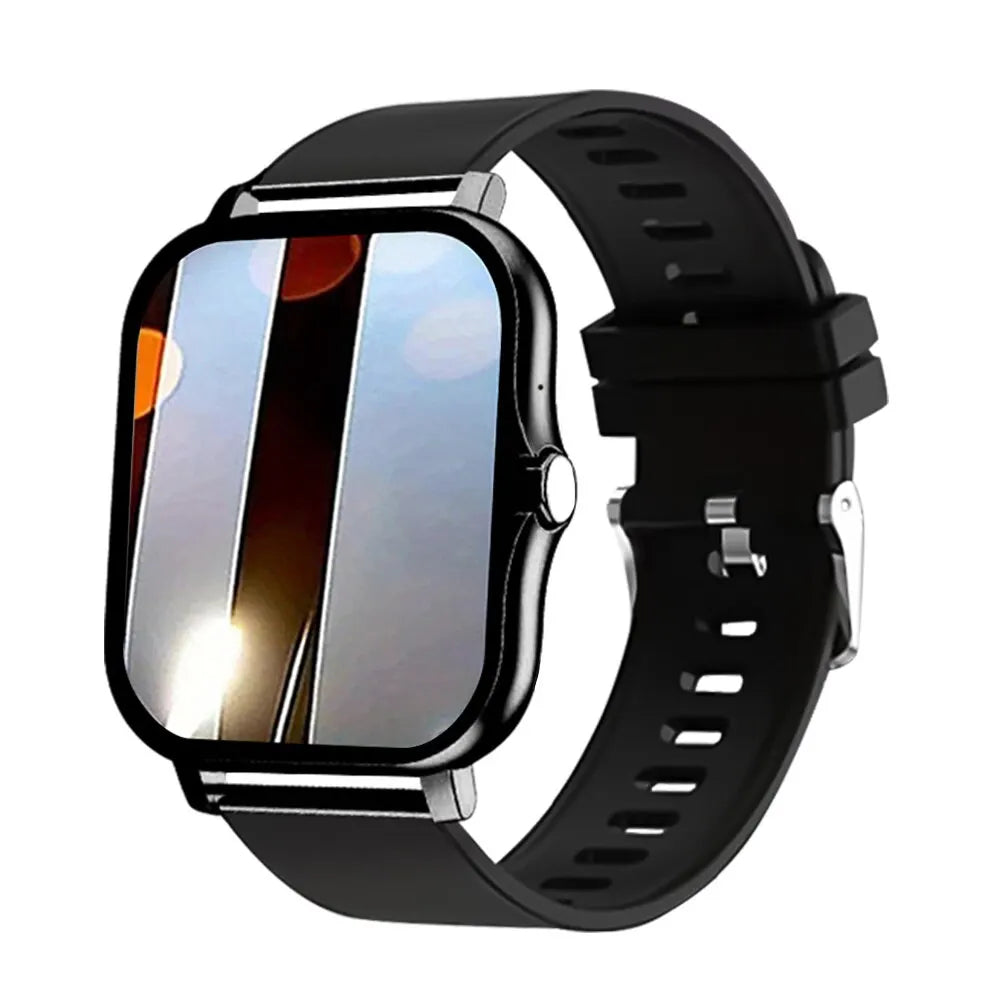 Black mini smart watch with square touchscreen and black silicone sport band.