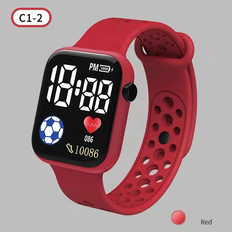 Kids LED digital sports watch with red silicone strap and black LED display