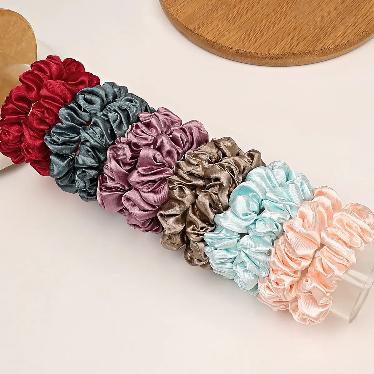 Small silk satin hair scrunchies in red, blue, mauve, taupe, aqua, peach bundles