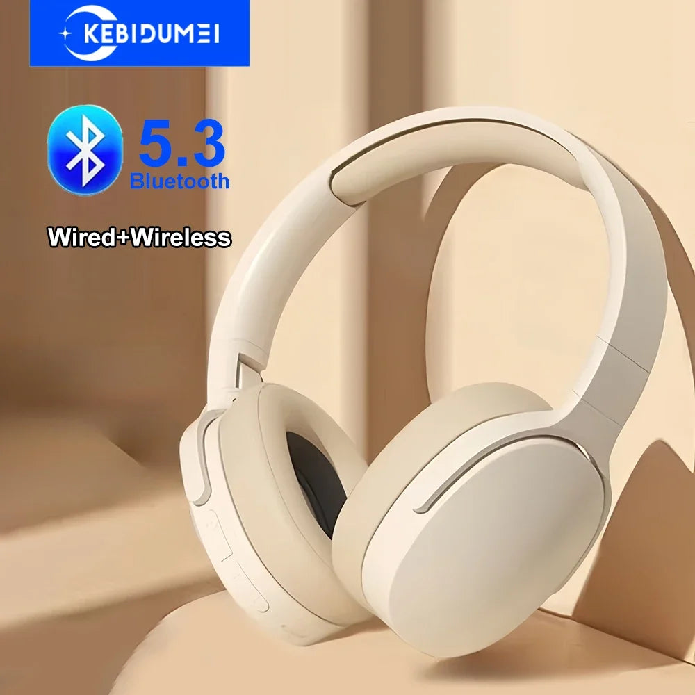Off-white over-ear sports headphones with padded ear cups and headband, front view.