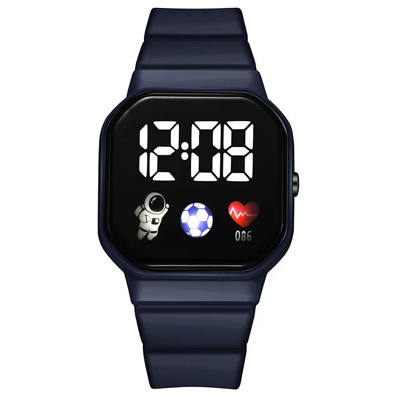 Kids LED digital watch with navy silicone strap and black square digital display