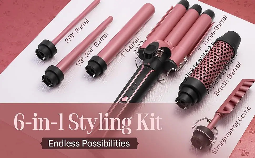 Flat lay of rose-gold 6-in-1 styling kit with curling barrels, brush barrel, and comb