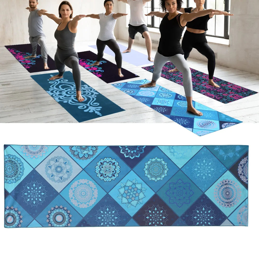 Blue patterned yoga mat towel with non-slip texture