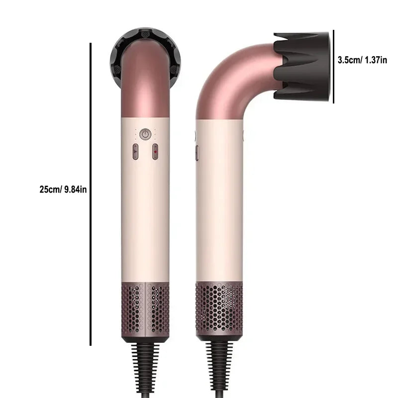 Pink and cream hair dryer with black concentrator nozzle, front and side view