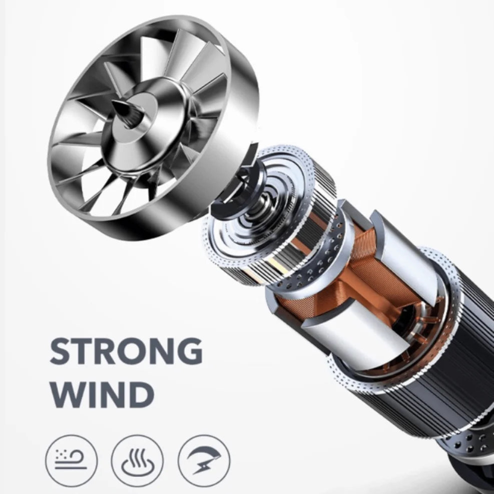 Professional salon hair dryer internal motor fan detail, gray housing with bronze and silver parts