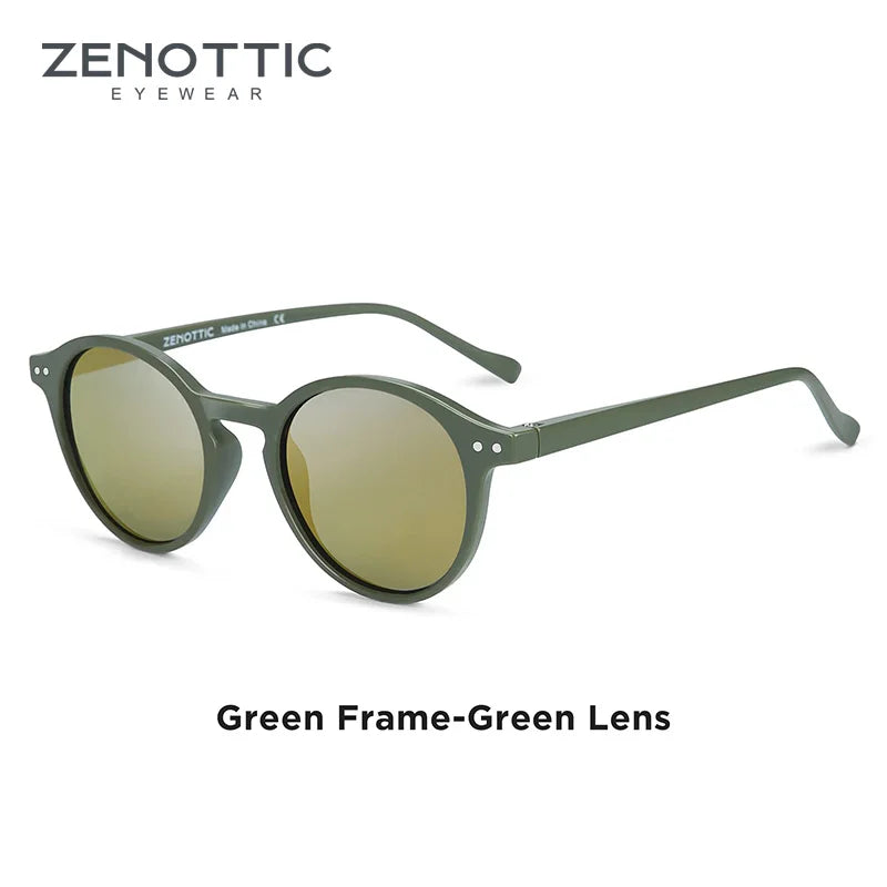 Small round sunglasses with green frame and green-tinted lenses
