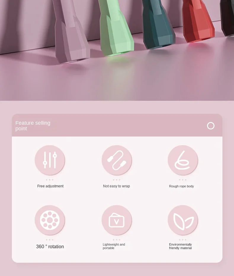 Jump rope feature card with icons: free adjustment, 360 rotation, lightweight portability