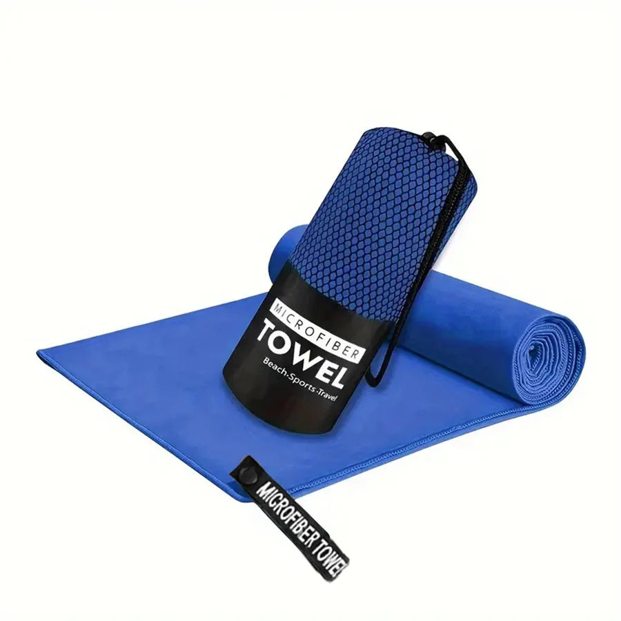 Microfiber yoga gym towel set, blue, rolled with black carry pouch and strap