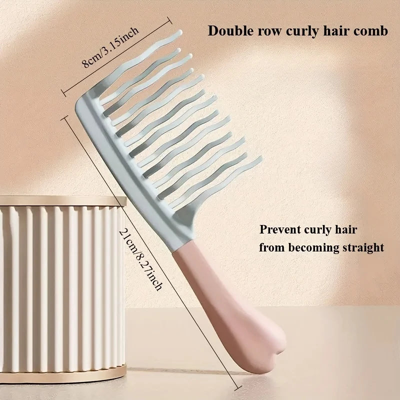 Wide-tooth curly hair comb with double-row prongs and long handle, light grey