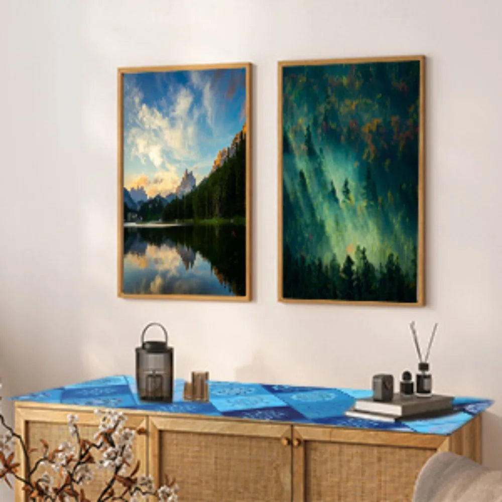 Blue patterned yoga mat towel laid flat on a tabletop