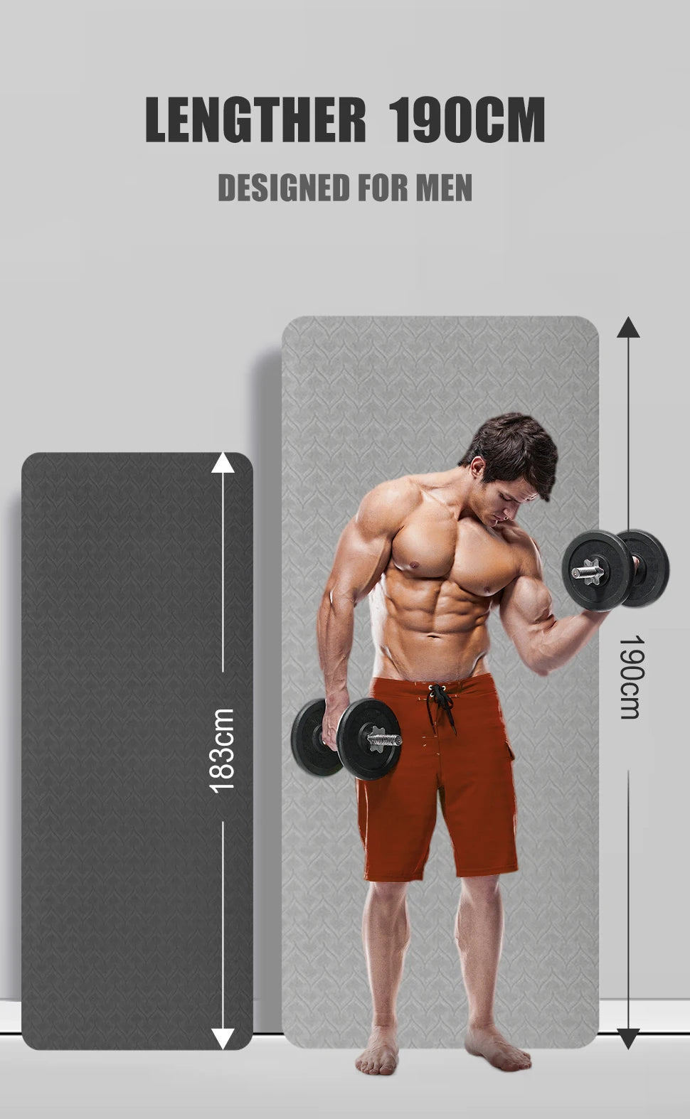Gray non-slip yoga mat sized for men, 190 cm length with grippy surface