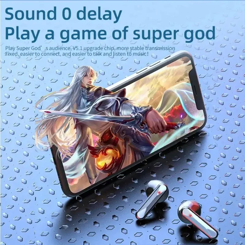 Bluetooth earphones with charging case and earbuds, shown with smartphone
