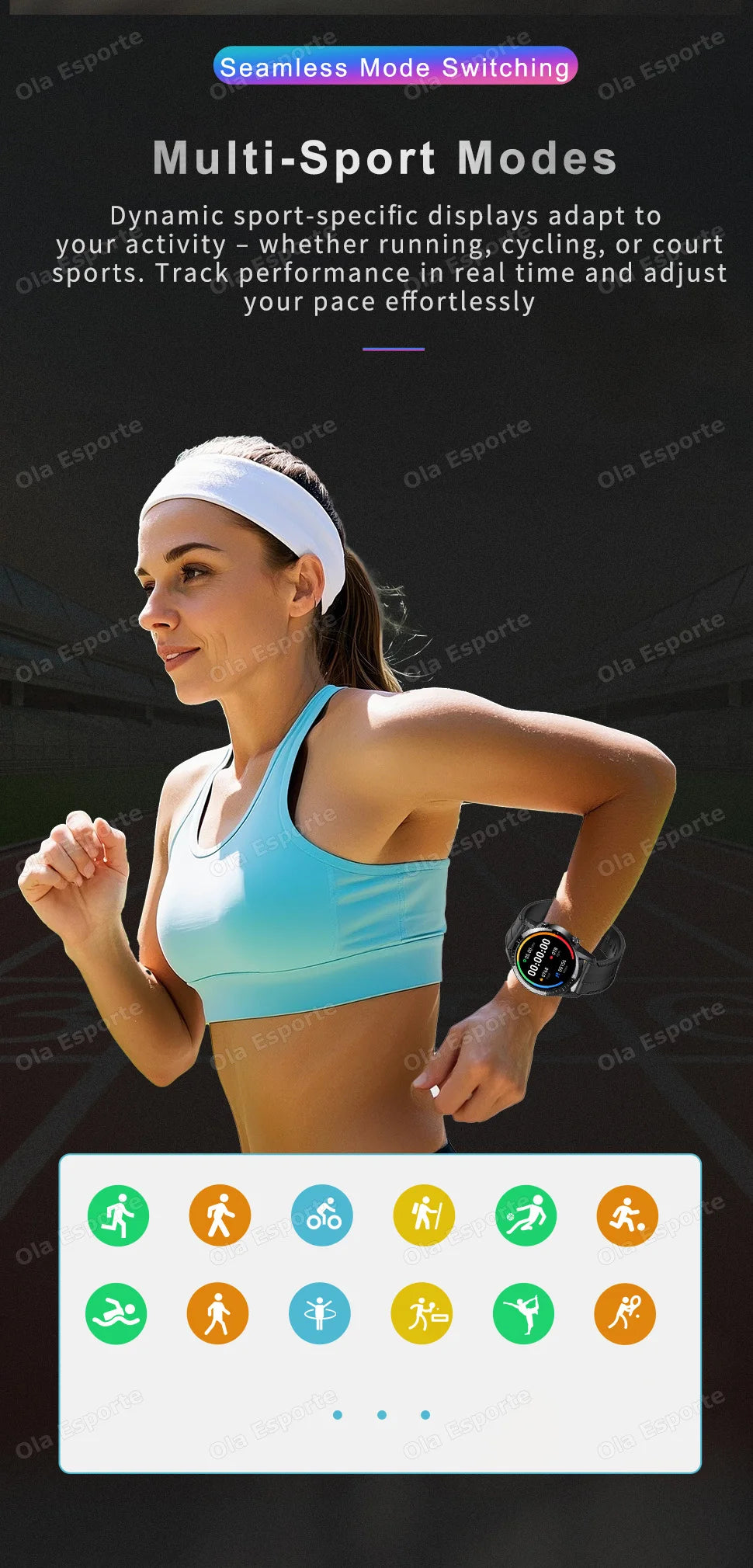 Ola Esporte smart watch by Cedar & Moore on runner’s wrist, round 1.5-inch display, black strap