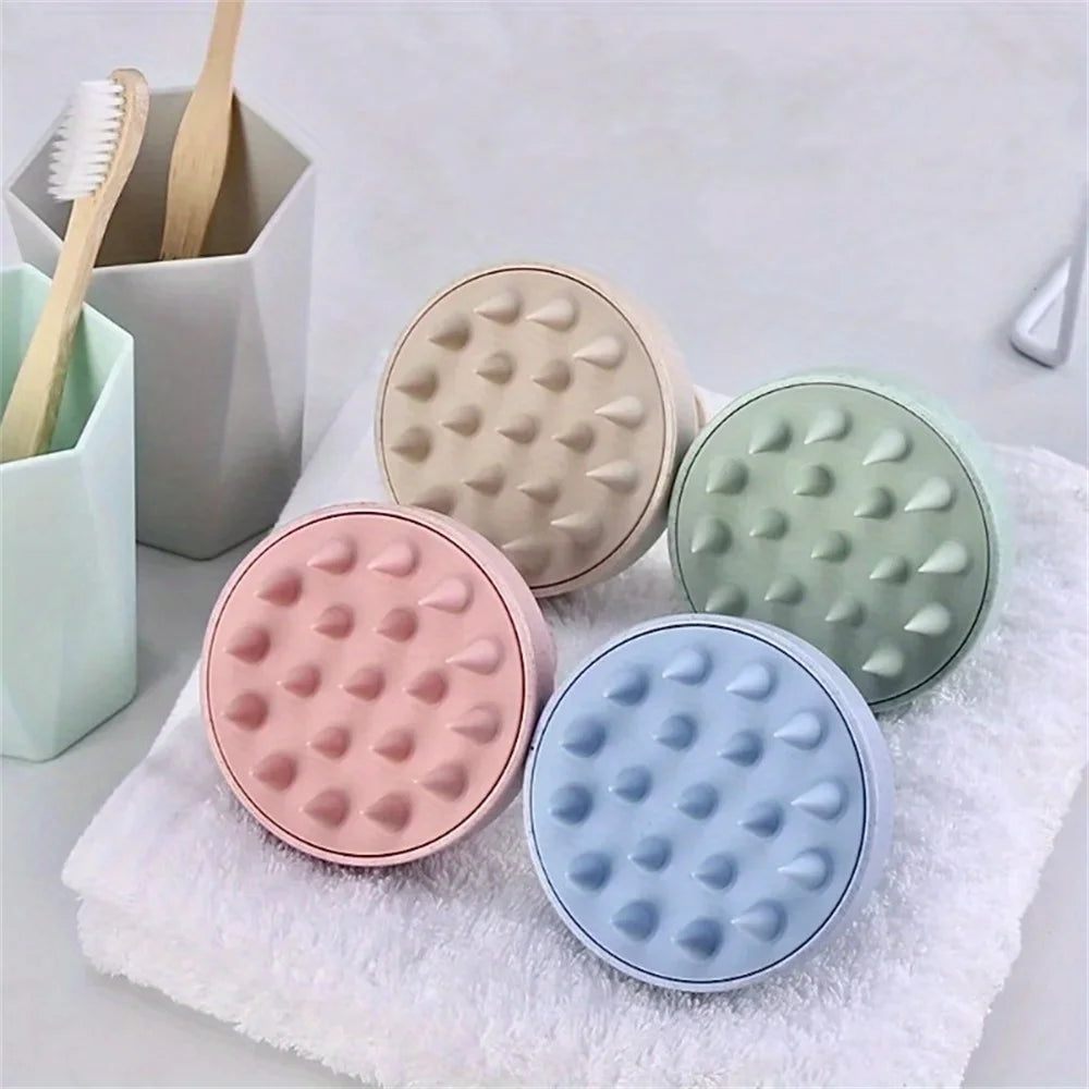 Set of silicone scalp massage brushes with round spiked pads in blue green beige pink