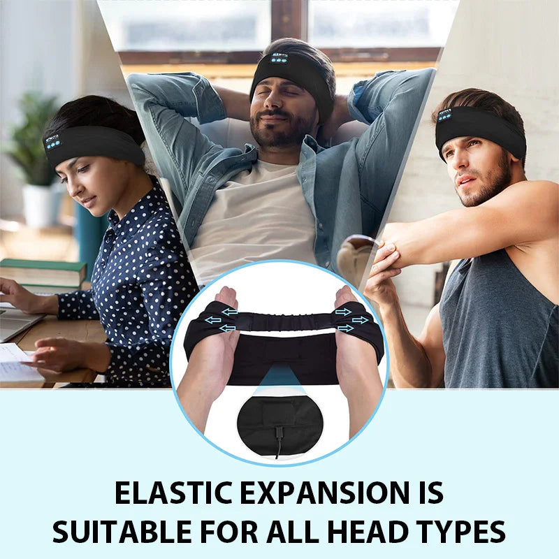 Black headband headphones with elastic expansion strap and ear speaker pads