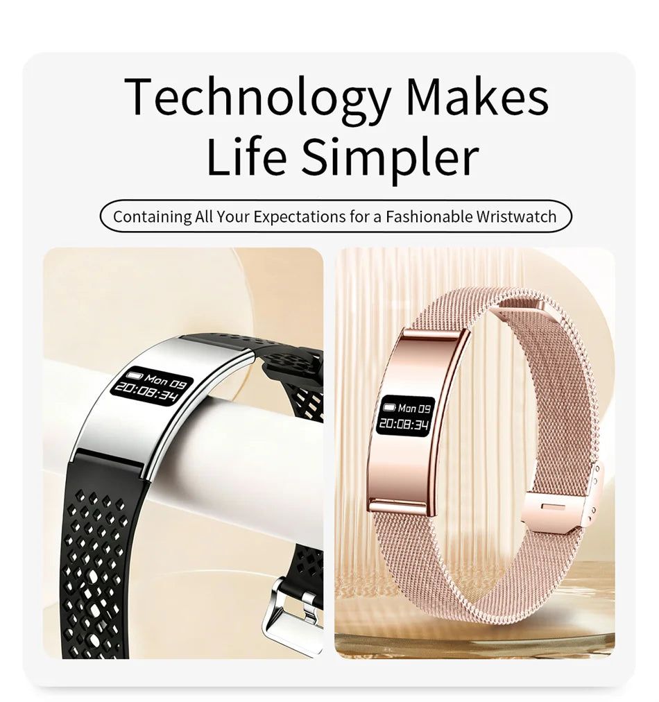 Smart fitness tracker bracelet with woven mesh straps in black and rose gold