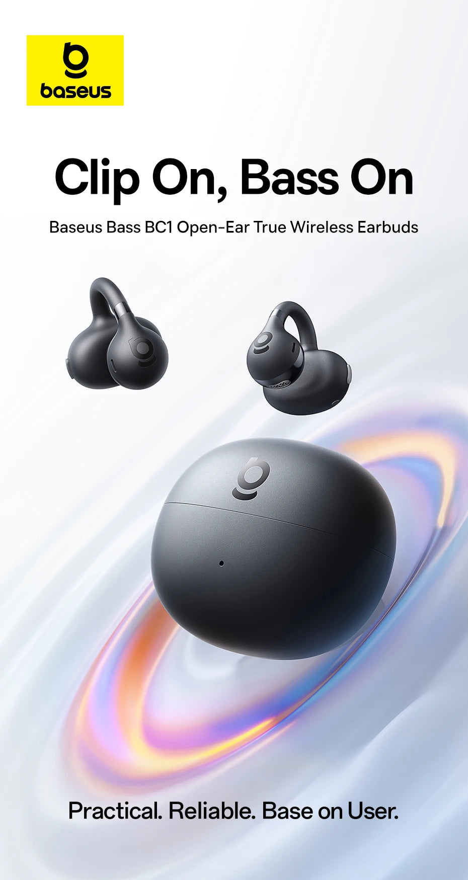 Black open-ear clip earbuds with a matching charging case, true wireless