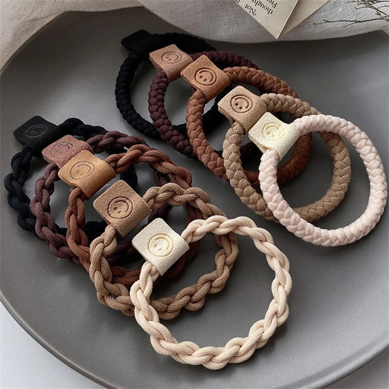 Hair scrunchie set with braided elastic bands in dark, brown, and cream (5 pieces)