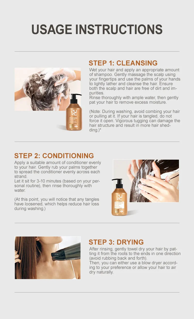 Usage instructions for shampoo and conditioner set: cleanse, condition, air-dry