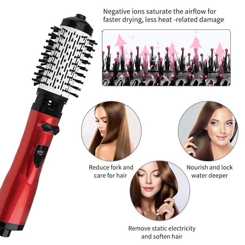 Red rotating hot hairbrush with vented ion barrel and removable bristle head