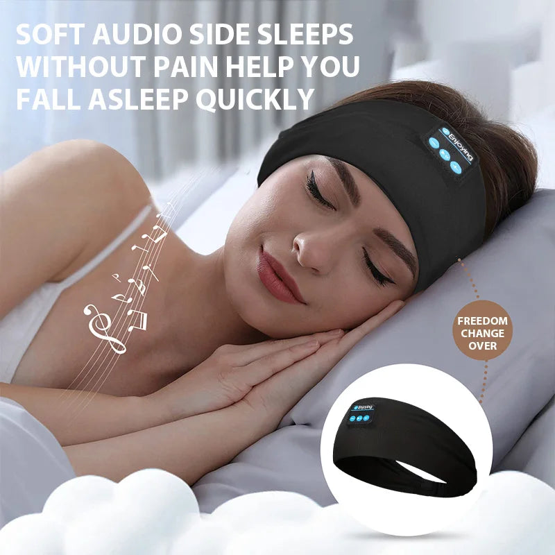Black sleep headband headphones worn on side with soft speaker module