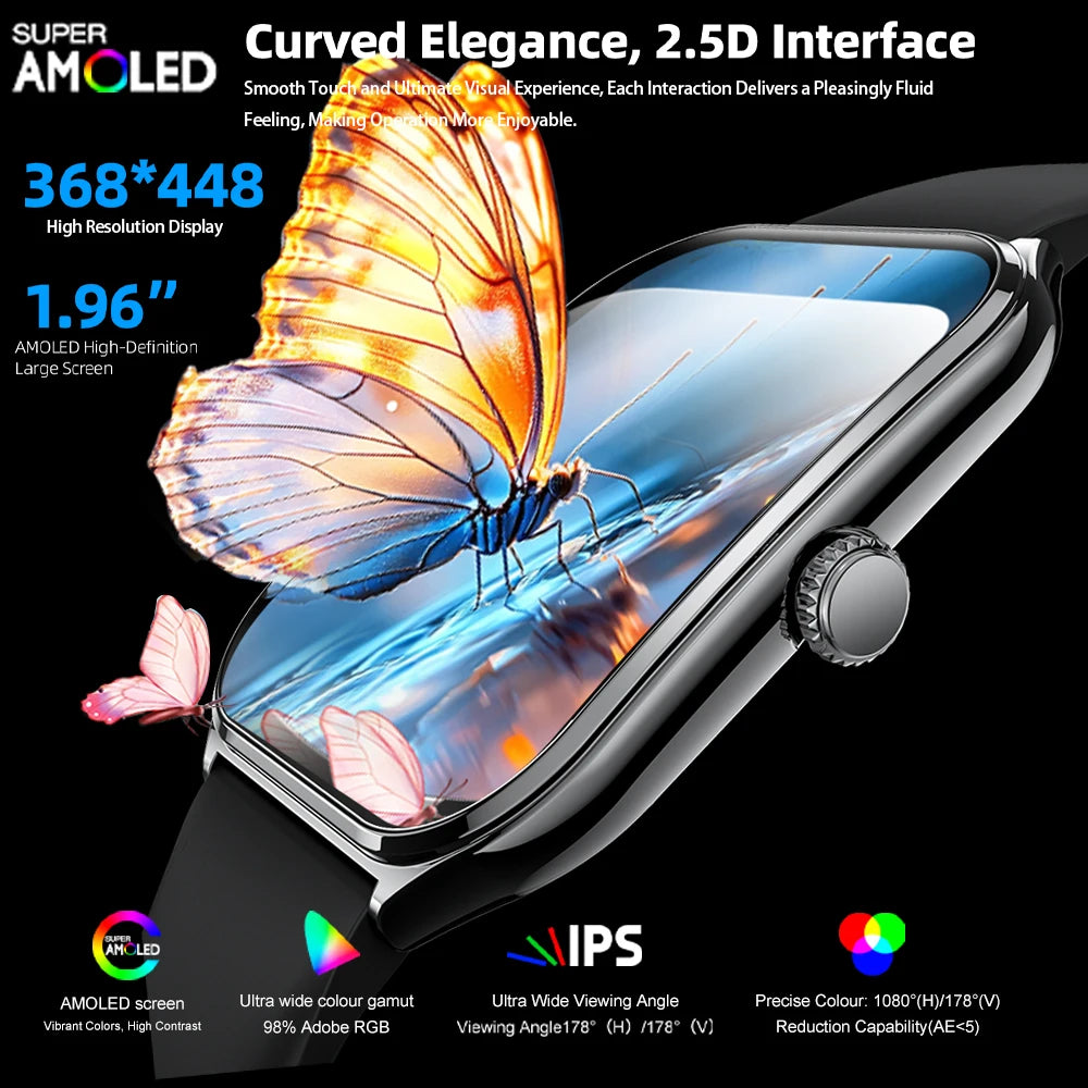 Ultra-thin smart watch with curved AMOLED touch screen and side crown button