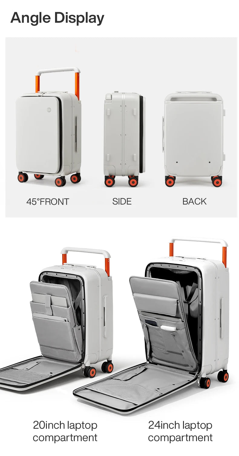 White carry-on suitcase showing front, side, and back views with laptop compartment open
