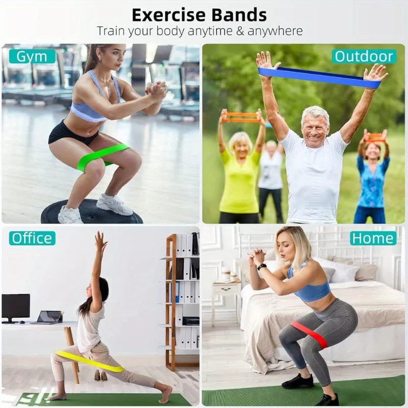 Exercise resistance band set shown in multiple workout poses with colored bands