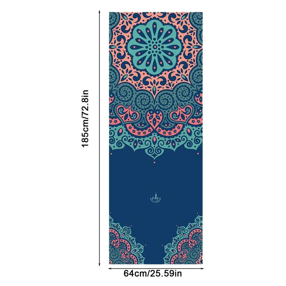 Cedar & Moore mat-sized yoga towel, non-slip microfiber with teal pink mandala pattern on dark blue, 185x64 cm