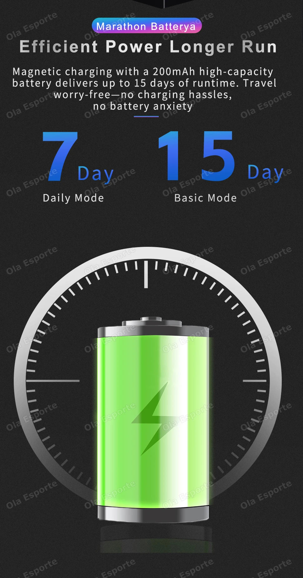 Ola Esporte Smart Watch poster showing 7-day daily mode and 15-day basic mode battery life with a green battery icon