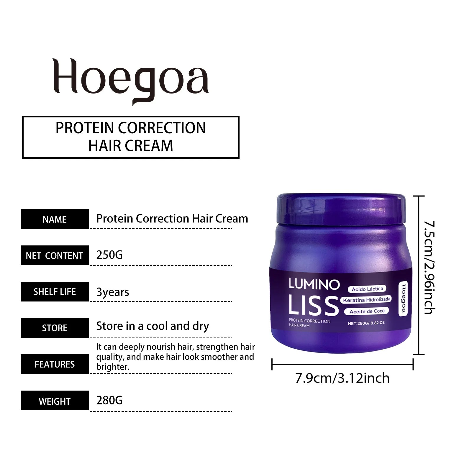 Protein Correction Hair Cream jar in purple by Lumino Liss, keratin straightening anti-frizz hair treatment, 250g