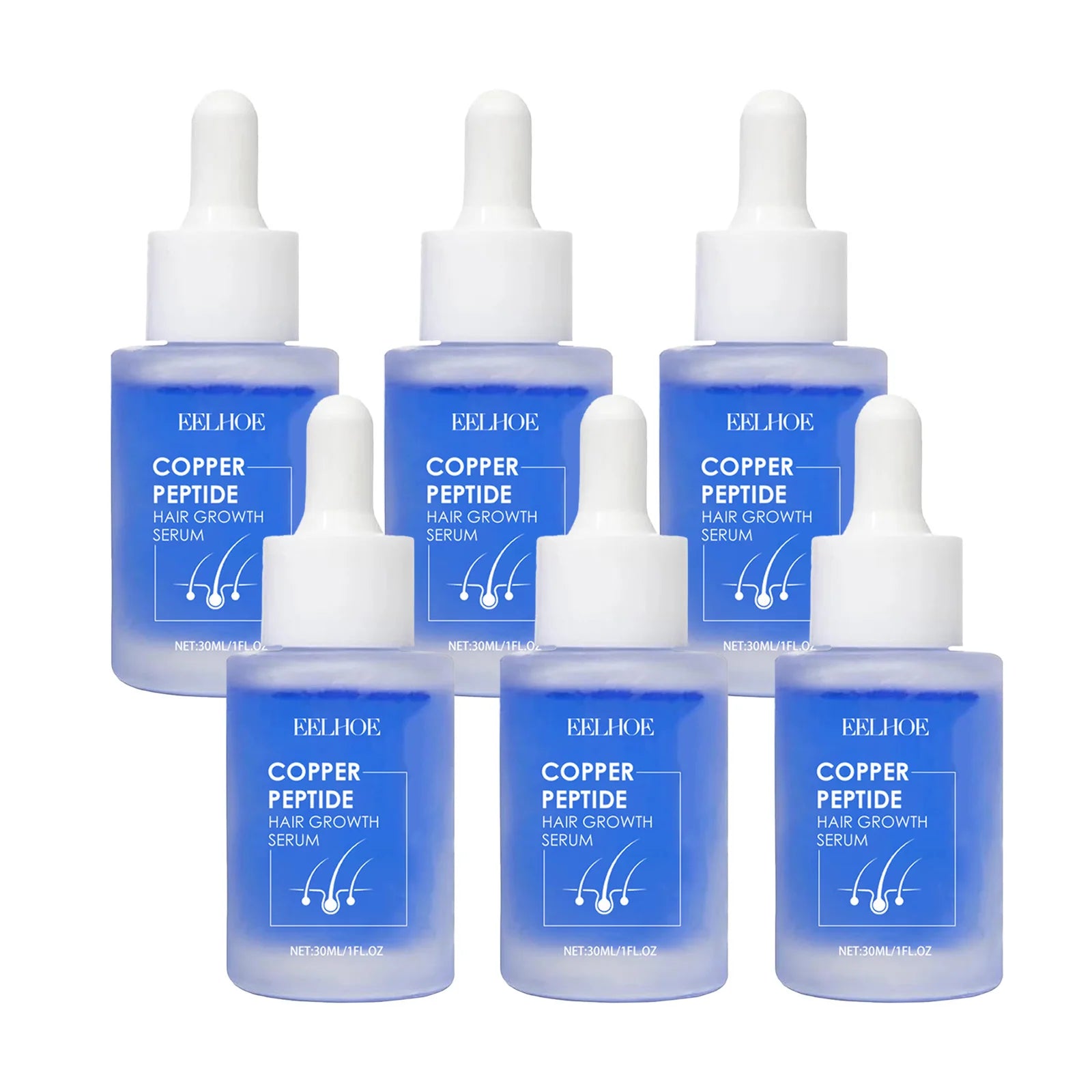 Stacked EELHOE copper peptide hair growth serum bottles with white droppers