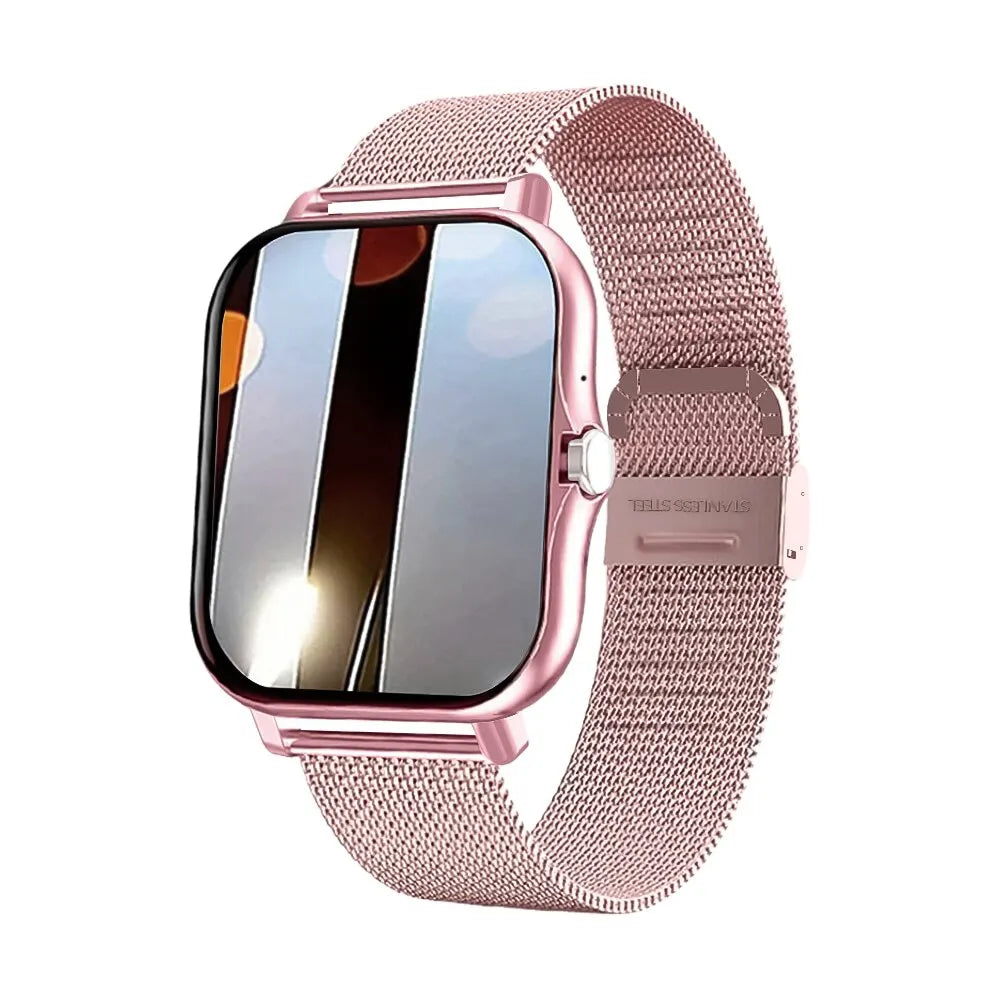 Rose pink mini smart watch with square touchscreen and rose pink mesh metal band.