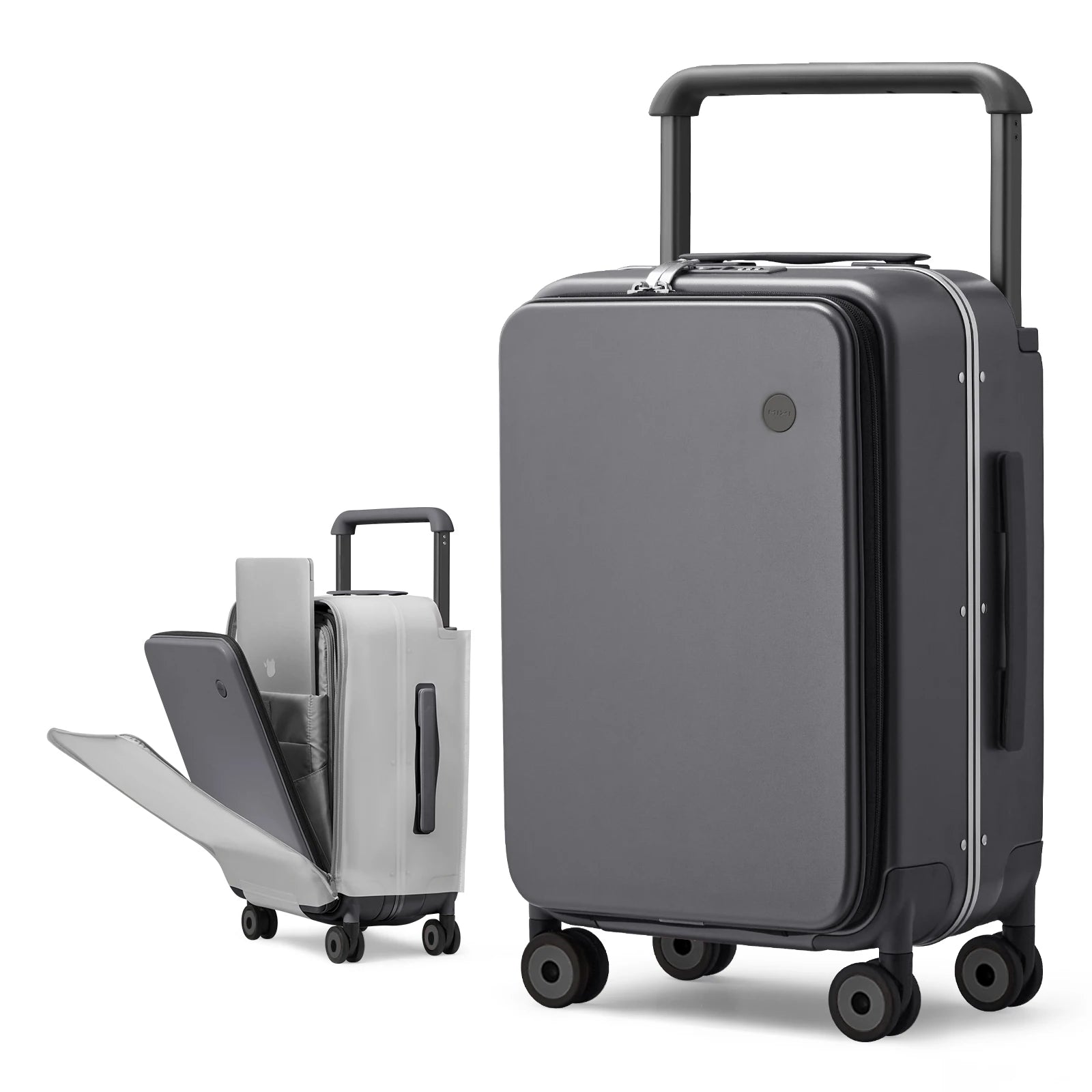 20-inch carry-on suitcase with trolley handle, dark gray hard shell and side panel details