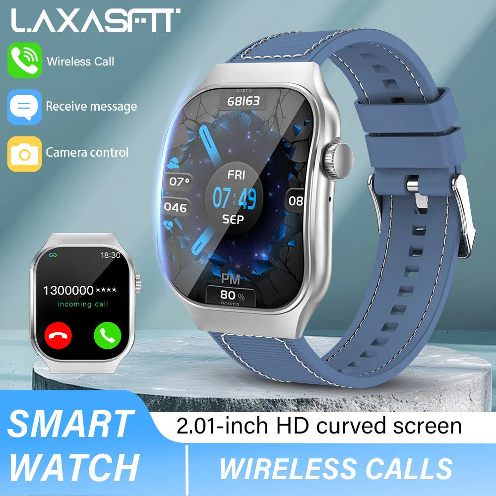 LAXASFIT H7 smart watch with blue strap, 2.01-inch curved AMOLED screen, wireless calls