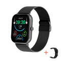 Smartwatch with black metal mesh band, square screen showing 09:30 and icons