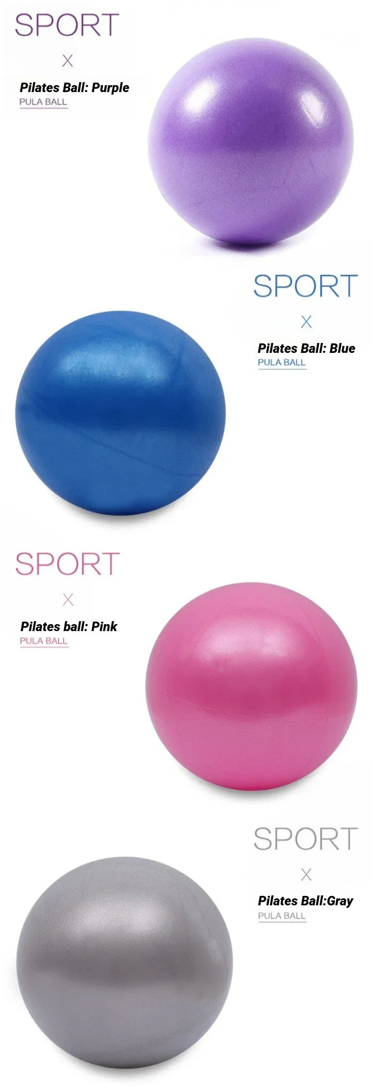 Set of Pilates balls in purple, blue, pink, and gray